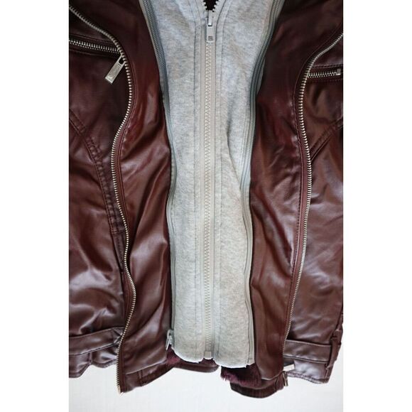 Jou Jou 103-1192ME Juniors Sz S Walnut Brown Faux-Leather Hooded Moto Jacket - Picture 5 of 9